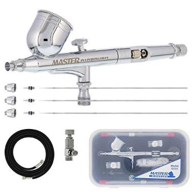 Imagem de Master Airbrush Kit de aerógrafo G233 Performance Pro com 3 conjuntos de bicos (agulhas de 0,2, 0,3 e 0,5 mm, pontas fluidas e tampas de ar), mangueira, gravidade de ação dupla - pistola de escova de