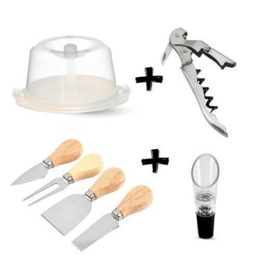 Imagem de Kit p/Queijo e Vinho (1 queijeira c/tampa plástica, 1 conj.de utensíli