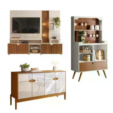 Imagem de Conjunto Home Cross Efeito Ripado Buffet 4 Portas Cantinho Do Café Lukaliam Móveis