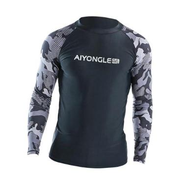 Imagem de Fiocias Camiseta de Natação Masculina, Camisa de Praia, Proteção Solar, Estampada, Roupa de Surf de Manga Comprida, Roupa de Surf para Surf, Natação, M