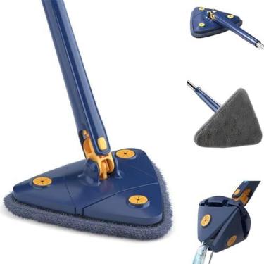Imagem de Esfregão de limpeza ajustável giratório 360, esfregão triangular telescópico com função de espremer água, esfregão giratório de limpeza, esfregão giratório reutilizável para limpeza de parede (azul)