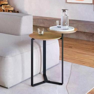 Imagem de Mesa Lateral de Apoio Orgânica 55cm c/ 2 Tampos e Pés em Aço - Artesan