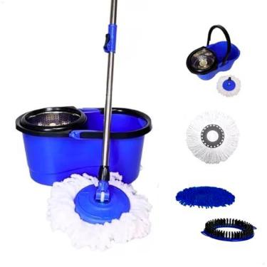 Imagem de Mop Giratório Esfregão Balde Com Alça E Cesto Inox Limpeza Cabo Regulável Refil em Microfibra