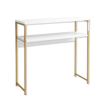 Imagem de Mesa lateral pequena para salões de beleza e cabeleireiros - mesa de manicure, estilo industrial, feita de metal e MDF (fibra de média densidade)(Rosê Gold)