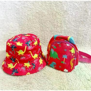 Imagem de Kit Chapéu Boné Bucket Mais Mochila Dupla Face Feminino Moda Praia Infantil vermelho Estampado