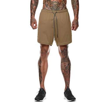 Imagem de WSLCN Shorts Masculino 2 em 1 para Corrida Esportes Casual Calça de Treinamento de Academia Cáqui Tamanho M