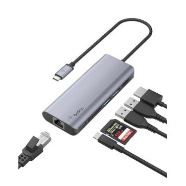 Imagem de Belkin Hub USB C, base adaptador multiportas 6 em 1 com HDMI 4K, carregamento de passagem USB-C 100W PD, 2 portas USB A, Gigabit Ethernet e slot SD para MacBook Pro, Air, iPad Pro, XPS e mais