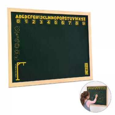 Imagem de Lousa Infantil Pedagógica Mural Escolar 50x40cm com Alfabeto Numeral e Jogo da Forca Moldura MDF Verde