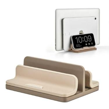 Imagem de Suporte vertical duplo para laptop, suporte vertical 3 em 1 com base ajustável (até 43 cm), organizador de mesa de armazenamento de laptop de couro para celular, tablet, MacBook/HP/Dell/Chrome Book