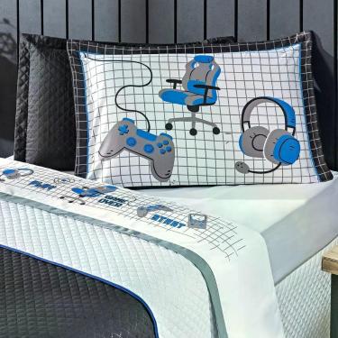 Imagem de Jogo De Cama Lençol Solteiro Game Streamer Branco/azul Com Fronha E Virol Estampados 03 Peças - Percal 200 Fios