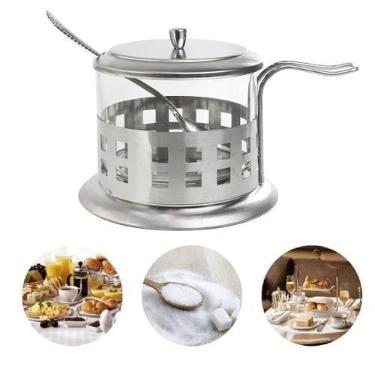 Imagem de Acucareiro inox e vidro prata com tampa removivel colher e alca kit co