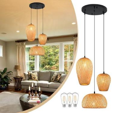 Imagem de Bagood Lustre Pendente De Vime Com 3 Lâmpadas, Estilo Boho, Feito À Mão, Bambu, Para Sala Estar E Jantar (Lâmpada Inclusa)
