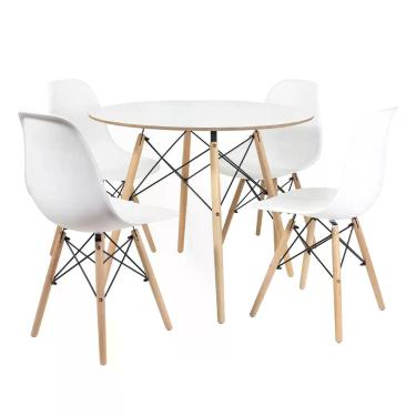 Imagem de Mesa Redonda Eames 90cm Branca com 4 Cadeiras Eames DSW Madeira Branca