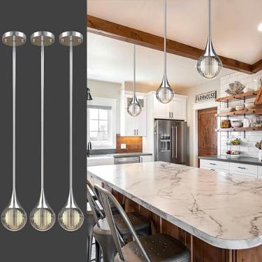 Imagem de EANLOLY 3 luzes pendentes ilha de cozinha, globo prateado cromado cristal luzes penduradas no teto, luminárias de LED, haste de metal, iluminação pendente de vidro para cozinha, ilha, sala de jantar
