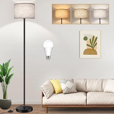 Imagem de TOBUSA Luminária de chão para sala de estar quarto com lâmpada LED de 3 CCT, abajur de tambor moderno, 153 cm de altura com interruptor de pé, haste preta, lâmpada de pé de design simples regulável