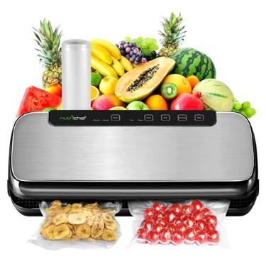Imagem de NutriChef Máquina seladora a vácuo de alimentos, sistema automático de vedação a ar de aço inoxidável para alimentos secos/úmidos, controles de toque de LED, inclui mangueira de vácuo, rolo de saco e