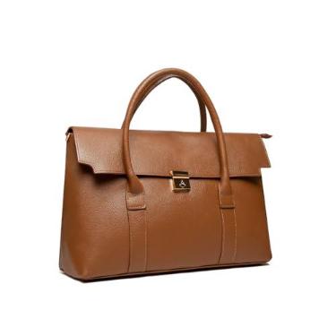 Imagem de Bolsa de Couro Legítimo Elegante, Marrom Caramelo, Alça de Ombro, Fecho Dourado
