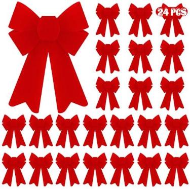 Imagem de 24 peças de laços de Natal, decoração de árvore de Natal, laços de Natal de 12 x 20 cm, laços de Natal grandes de veludo PVC para ambientes internos e externos, enfeites de veludo vermelho para