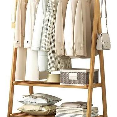 Imagem de Arara de roupas de bambu, trilho de roupas com prateleiras, suporte de casaco, trilho para pendurar roupas, leve e dobrável – Organizador de armário de roupas para entrada e quarto, cor de madeira,