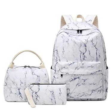 Imagem de Ankexin Mochila escolar de mármore fofa para meninas, meninos, adolescentes, conjunto de laptop, mochila de almoço, bolsa de lápis, mochila escolar