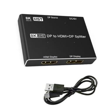 Imagem de MOOKEENONE Divisor DisplayPort para DisplayPort/HDMI, 8K 30Hz 1 entrada e 2 saídas, divisor DP direcional, monitor duplo para monitores DP e HD Multi Screen