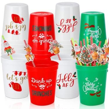 Imagem de Ainibar 24 peças de copos de plástico de Natal para festas de 473 ml copos de estádio e 24 peças de canudos de papel descartáveis para festa de Natal, 4 designs festivos de trocadilhos, perfeitos para
