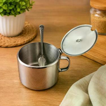 Imagem de Açucareiro Aço Inox 420ml com Tampa para Açúcar Café Cozinha Mesa Top Rio Comercial