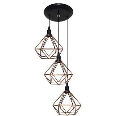 Imagem de Lustres Luminaria Aramado Triplo modelo Diamante - 03 Juntos Na Mesma Canopla - Ideal para mesa de Jantar, Sala, Quarto (Cobre)