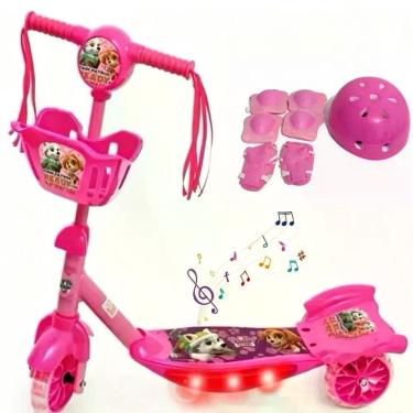 Imagem de Patinete Infantil com Luzes Coloridas e Música e Cesta Frontal e Kit Proteção Rosa OEM