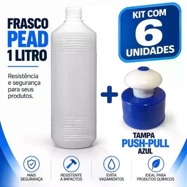 Imagem de Frasco Plástico PEAD Estriado 1L com Tampa Push-Pull - Kit com 6 Unida