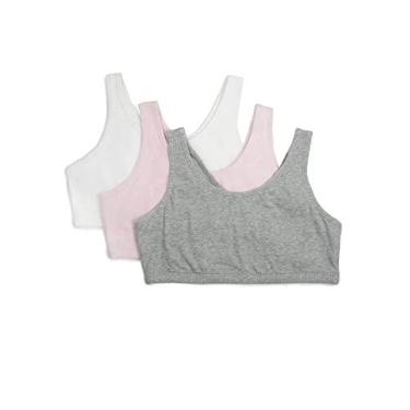 Imagem de Fruit of the Loom Pacote com 3 sutiãs esportivos elásticos de algodão para meninas em cores do dia a dia, Cinza mesclado/rosa agridoce/branco, 36