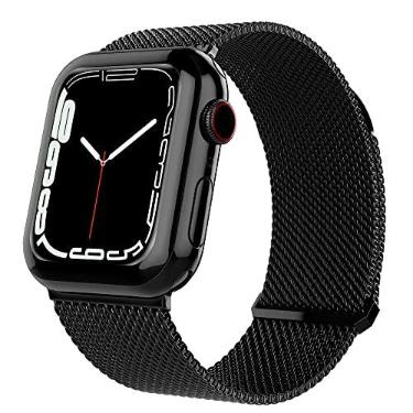 Imagem de TalkWorks Pulseira de relógio expansível compatível com Apple Watch Series - 42 mm/44 mm/45 mm - fecho magnético - pulseira de malha de aço inoxidável com ajuste confortável para mulheres e homens -