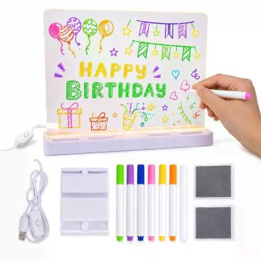 Imagem de Lousa LED 3D 20x20cm USB para Recados Desenhos e Decoração com 7 Canet