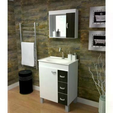 Imagem de Armário Gabinete Para Banheiro Com Portas Brava 60 Branco Com ébano Kit Completo