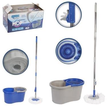 Imagem de Mop Giratório 360º com Balde Duplo, Haste Ajustável em Aço Inox, Refil Microfibra, 8 Litros, Cinza e Azul, 130cm