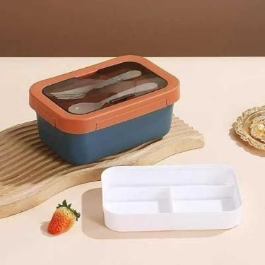 Imagem de Caixa de Almoço Térmica 850ml com Talheres – Compartimento Inox 304, Leve e Moderna(Laranja com Azul)