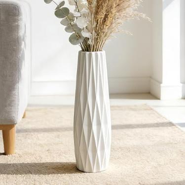 Imagem de TDIAVH Vaso de cerâmica branco alto, 40 cm, design canelado
