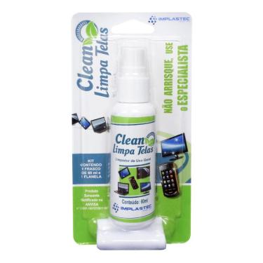 Imagem de Spray Limpa Tela Clean Implastec - 60ml - Com Flanela - Para Limpeza de Notebook, TVs e Monitores