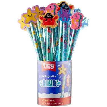 Imagem de Lapis Preto Redondo Decorado TRIS Aqua C/TOPO Silicone 4MOD POTE-24 - 