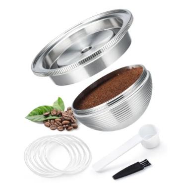Imagem de BRBHOM Cápsula de café reutilizável de aço inoxidável compatível com máquinas Nespresso Vertuo e Vertuoline, tamanho de caneca de 230 ml, kit de cápsulas recarregáveis com colher, escova e 5 anéis de