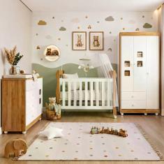 Quarto de Bebê com Berço Mini Cama, Cômoda 1 Porta 4 Gavetas e Roupeir