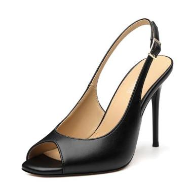 Imagem de WAYDERNS Salto alto feminino Peep Toe Slingback V Peep Toe Sapatos femininos de couro envernizado salto agulha com salto fino nas costas sapatos de festa de noiva com salto de 10 cm, Preto, 40