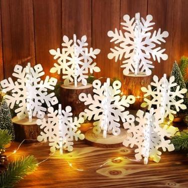 Imagem de 15 peças de centro de mesa de floco de neve branco – 7 conjuntos de placas de mesa de flocos de neve de madeira 3D e luz de 3 metros, decorações brancas grandes de floco de neve para o país das