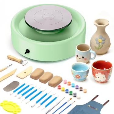 Imagem de Alldeer Mini máquina de roda de cerâmica - roda de argila atualizada de 15 cm para iniciantes e crianças, motor de 75 W, velocidade ajustável, kit de fabricação de cerâmica de baixo ruído com 18 peças