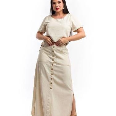 Imagem de Conjunto feminino kit saia longa de linho e cropped liso de mangas - R