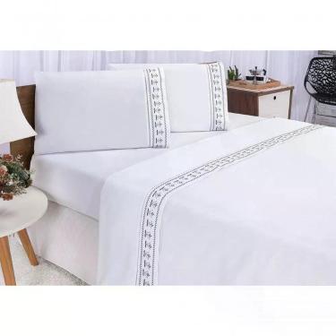 Imagem de Jogo Lençol Tulipa Quarto Casal Queen Bordado 4 Peças 2fronha Cor: Branco Com Cinza