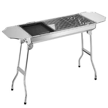 Imagem de Grelha a carvão churrasqueira aço inoxidável churrasco fumador churrasco para cozinha ao ar livre acampamento caminhada piqueniques pátio quintal, prata, 93,5 x 33,5 x 70 cm