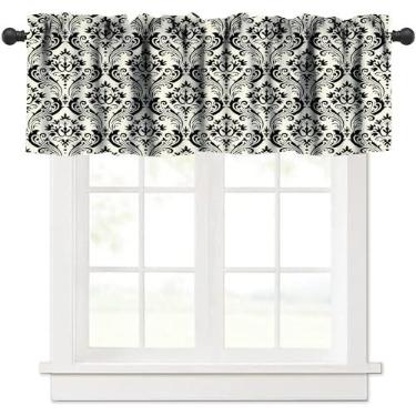 Imagem de Saia de janela preta e bege, ilustração rítmica com motivos florais de damasco inspirado no jacobeu, saia de cortina para cozinha, quarto, sala de estar, decoração com bolso para varão, 1 painel L 137