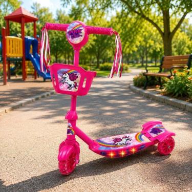Imagem de Patinete Unicórnio Infantil 3 Rodas e Luz LED - Rosa IMPORTUDO