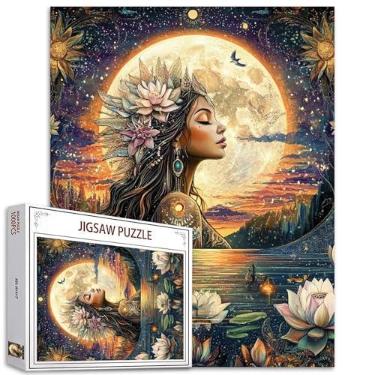 Imagem de Quebra-cabeça de menina com flores, 1000 peças para adultos, famílias (deusa, lua cheia, mulher, flor de lótus), peças se encaixam perfeitamente 40 x 70 cm, arte de quebra-cabeça mágico emoldurável